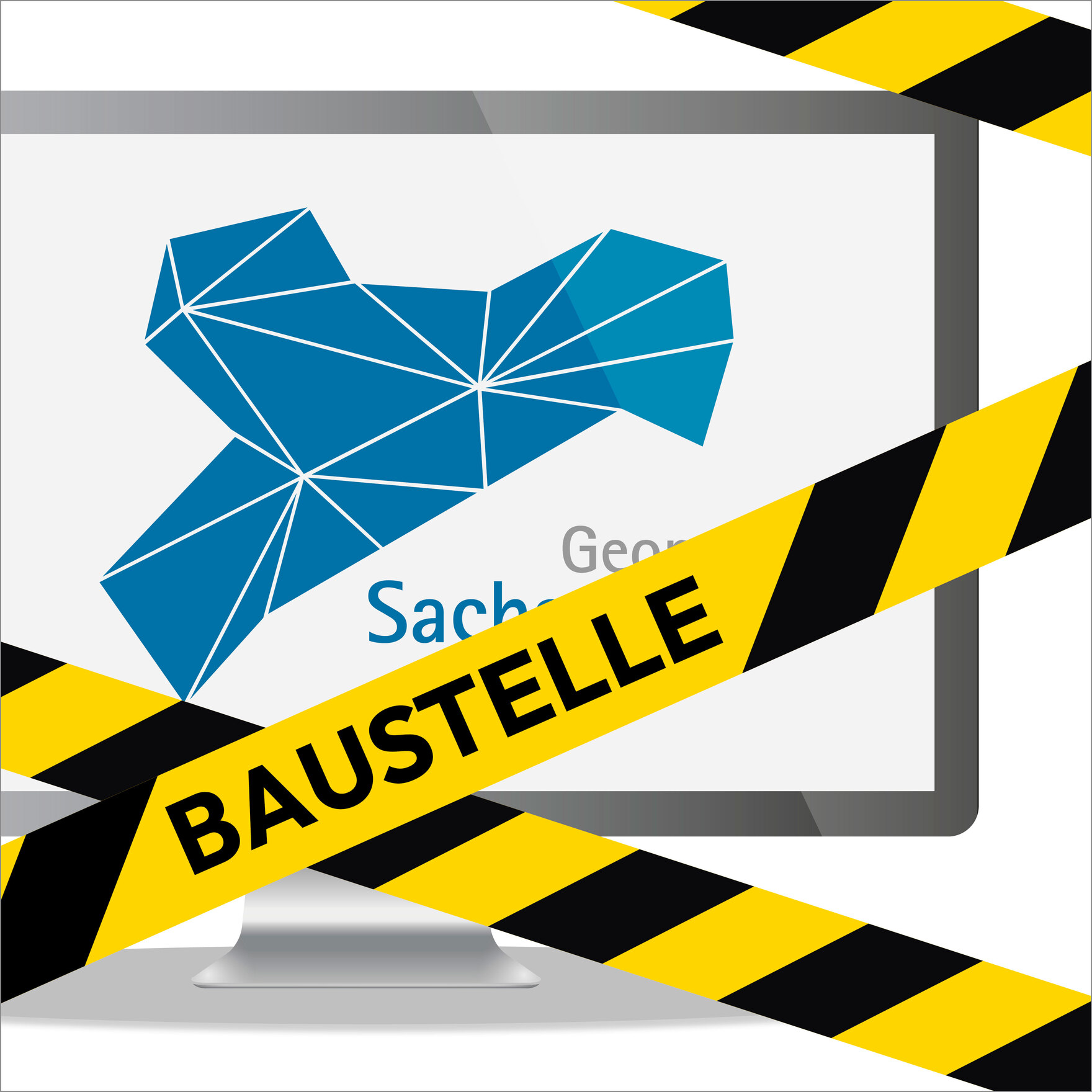 Monitor mit Geoportal Sachsenatlas wird von Baustellen-Absperrband verdeckt