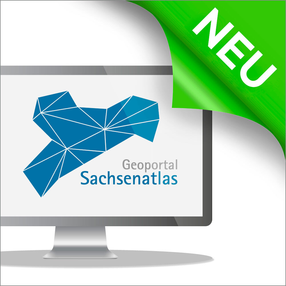 Monitor mit Geoportal Sachsenatlas und einem Button NEU