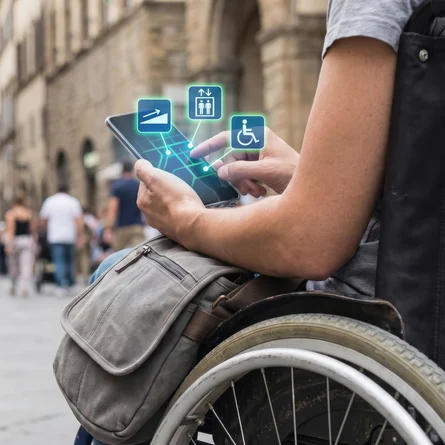 Rollstuhlfahrer navigiert mit Handy