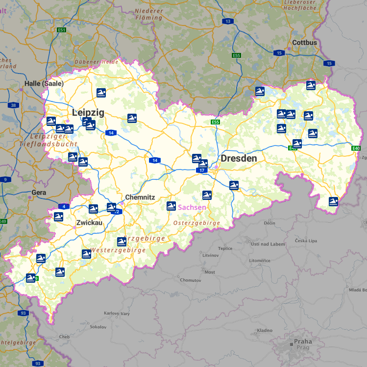 Screenshot Geoportal Sachsenatlas - Sachsenkarte mit Icons für Badegewässer